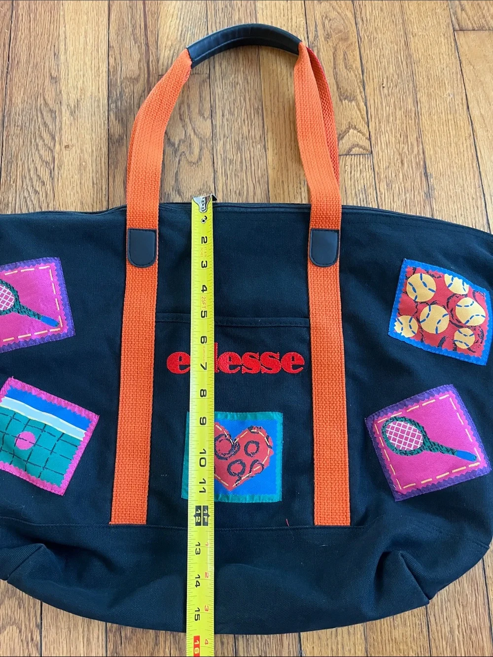 Large Vintage Ellesse 100% cotton zipper tote with tennis themed patches